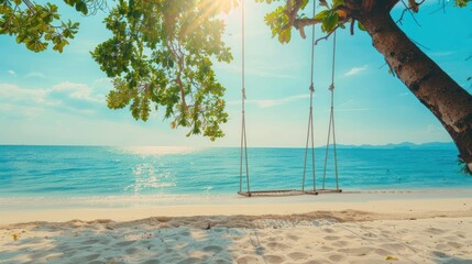 Tropical beach background as summer relax landscape with beach swing or hammock and white sand and calm sea for beach template. Amazing beach scene vacation and summer holiday concept. Luxury travel - Powered by Adobe