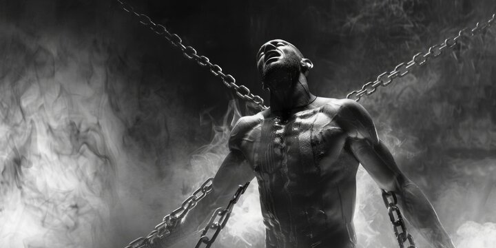A man with chains around his neck, suitable for illustrating oppression and captivity. Ideal for social justice campaigns