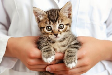 Adorable tabby kitten with striking markings, held securely in caring hands
