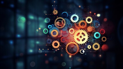 Business process automation concept: gears and icons on abstract digital background illustrating efficiency and innovation.

