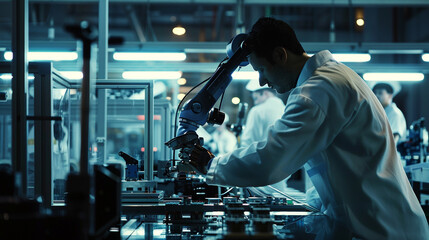 A robot arm working alongside humworkers on a factory assembly line, using computer vision and machine learning algorithms to perform precise and repetitive