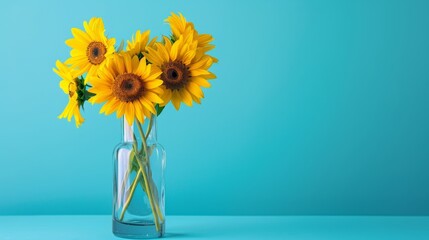 A simple glass vase holding bright yellow sunflowers, placed against a vibrant blue background, capturing summer joy
