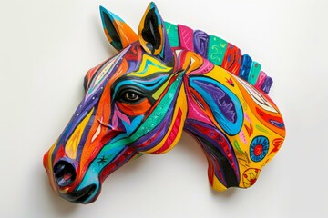 Vibrant, multicolored horse head sculpture with intricate patterns isolated on a white backdrop