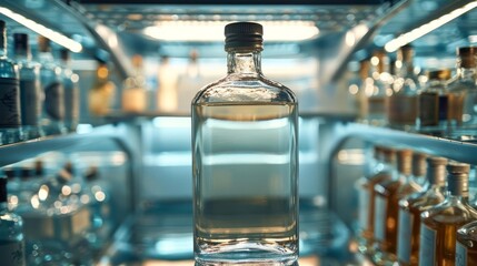 A bottle of Belvedere vodka sits on a shelf in a bar or liquor store.