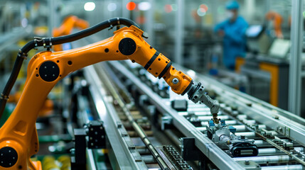 A robot arm working alongside humworkers on a factory assembly line, using computer vision and machine learning algorithms to perform precise and repetitive tasks