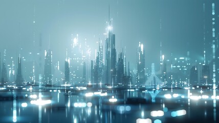  A futuristic city skyline illuminated by AI-controlled streetlights, casting a soft glow against a...