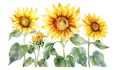 Obraz premium Bright Sunflowers with Green Leaves in a Watercolor Painting