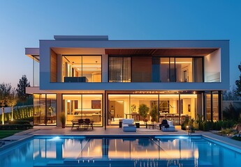 Modern house with a swimming pool, night view of the front facade, large windows and lights on...