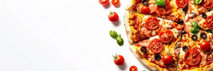 A delicious pizza with tomatoes, cheese and olives.