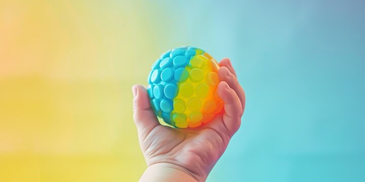A child's hand holding a colorful, squishy stress ball.