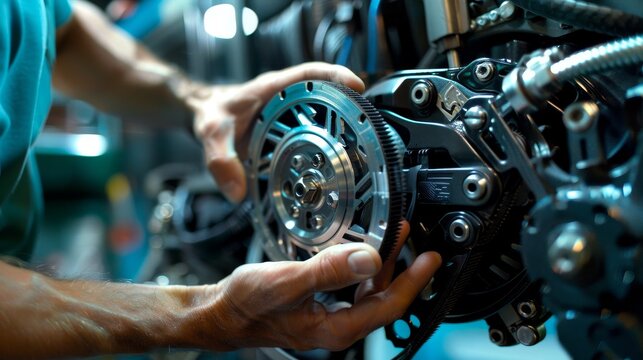 Closeup of a mechanic s hands fixing an alternator belt, illustrating the mechanical skills needed for electrical system upkeep