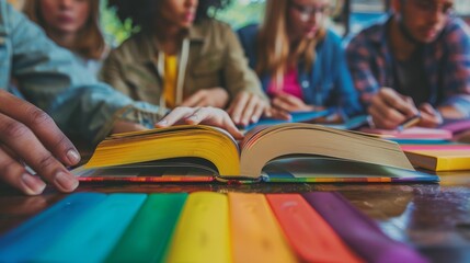 Community book club meeting, with rainbow bookmarks
