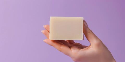 Obraz premium A hand holding a bar of soap against a purple background