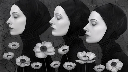 Artistic monochrome image of three women in profile, each wearing a black headscarf, with white flowers in the foreground.