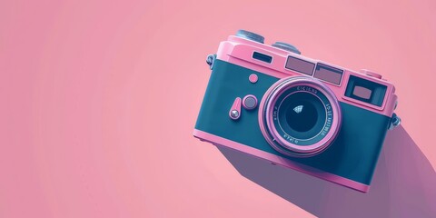 A vintage camera with a pink background.