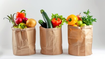 Various fruits in paper bags. Shop at market