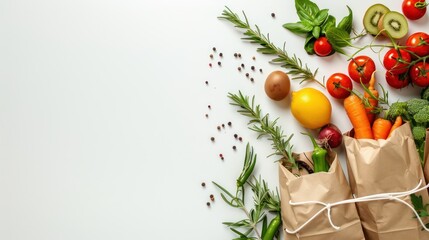 Various fruits in paper bags. Shop at market