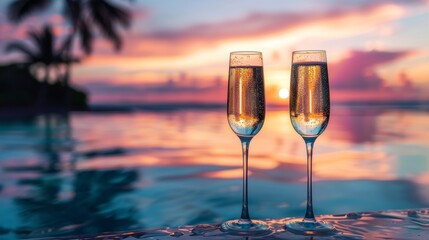 Luxurious beach resort close up, focus on infinity pool, radiant and lush Double exposure silhouette with champagne glasses