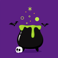 Halloween witches violet cauldron with poison potion isolated on white background. Vector Illustration of a Witch's Cauldron.