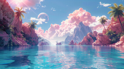 Abstract futuristic fantasy seascape with blue water, pink rocks and palm trees. Big moon in the blue sky. Summer vibe.