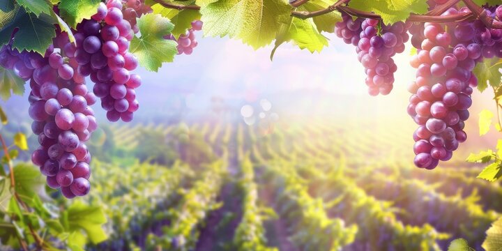 Closeup of a bountiful harvest of purple grapes on the vine against a blurred background of a lush vineyard