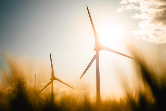 Wind turbines farm, wind power energy generation equipment, clean energy concept. Windmills in the sunlight. Renewable and green energy