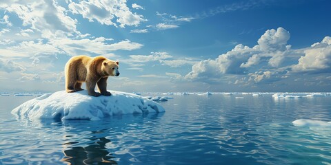 environment, flat design, global warming, bear isolated on a tiny iceberg in vast ocean