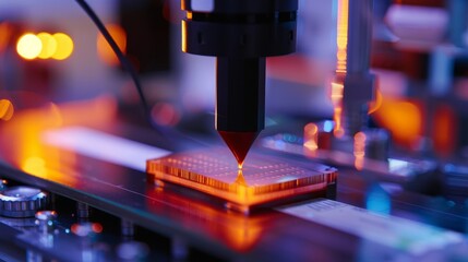 A closeup of a bladelike chip being tested for electrical conductivity in a tech lab