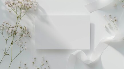 A5 blank card mockup, light background with flowers and ribbon on the side, wedding atmosphere, minimalist aesthetic, elegant