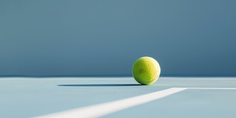 Green tennis ball on blue court with white line.