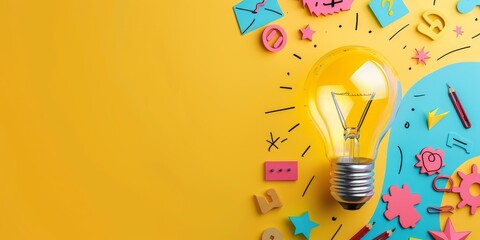 Idea concept with light bulb on yellow background with colorful paper cutouts.