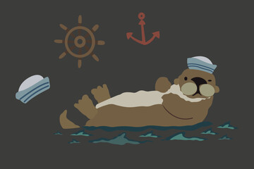 Cute cartoon sea otter. Vector illustration of wildlife sea animal. Sea ​​otter on a black background. An otter in a sailor's cap with nautical symbols