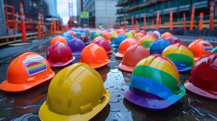 A construction site decorated with rainbow hard hats, promoting inclusivity in a traditionally maledominated field