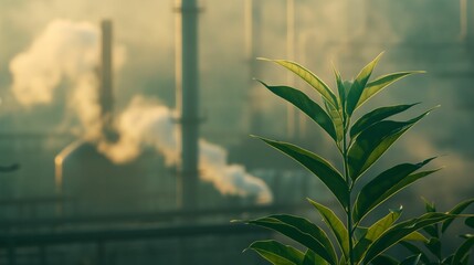 Green leaves with industrial background.