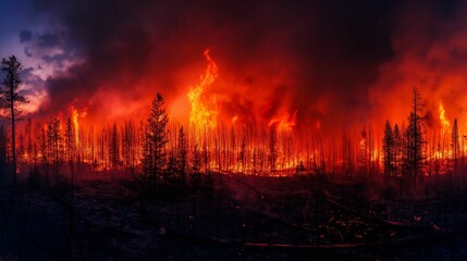 Wildfire engulfing forest with towering flames and smoke.