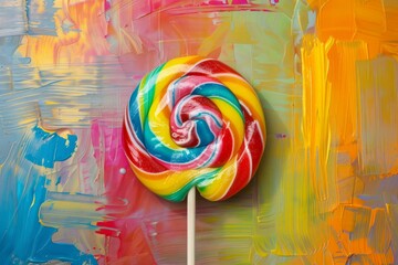 Vibrant rainbow swirl lollipop on a multicolored acrylic painting backdrop