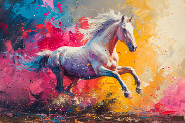 A vibrant and colorful painting of an elegant horse with a flowing mane, running at full speed in the wind. 