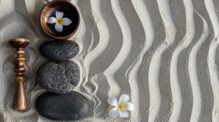 Mental Health Awareness Month Banner Featuring Spa Stones Plumeria Flower and Tibetan Singing Bowl on Sand