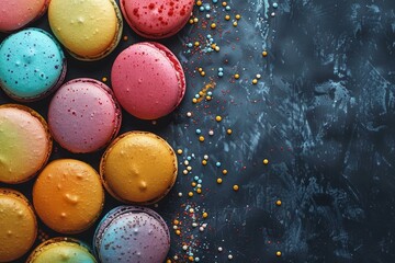 Assortment of vibrant macarons with sprinkles, top view on a dark surface