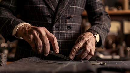 Skilled Tailor Meticulously Cutting Fabric with Precision Scissors in Workshop
