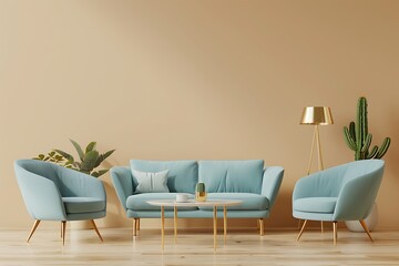Modern interior design mockup with pastel blue and turquoise armchairs, sofa and coffee table against beige wall background