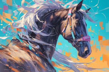 A vibrant and colorful painting of an elegant horse with a flowing mane, showcasing its majestic form in motion against the backdrop of a bold color palette