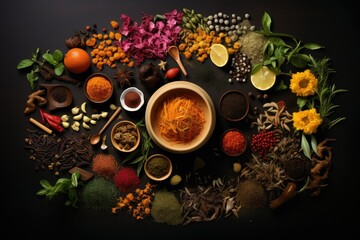 Obraz na płótnie Canvas Various types of spices neatly arranged in jars on a wooden table, showcasing a wide selection of flavors and colors. Generative AI