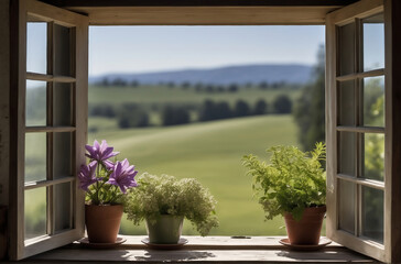 Scenic Countryside View from Open Window with Potted Flowers and Lush Greenery