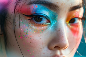 Closeup portrait of a young woman with vibrant. Colorful eye makeup and glitter. Showcasing the creative application of bold and bright eyeshadow. Eyeliner