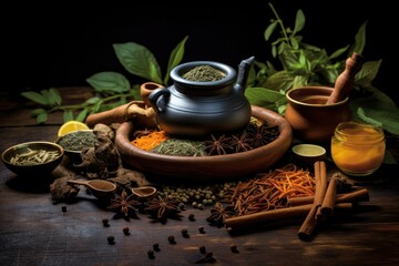 Various spices and herbs are arranged in an assortment on a table. Generative AI