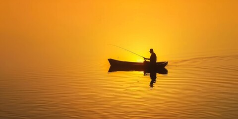 Fototapeta premium The silhouette of a man fishing in a boat on a lake at sunset.