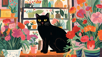 a drawing of a cat in a colorful flower shop abstract illustration decorative painting