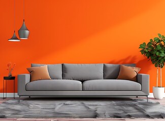 Modern interior design of a living room with a gray sofa near an orange wall and carpet, copy space for text stock photo contest winner, 207934568, stockphoto