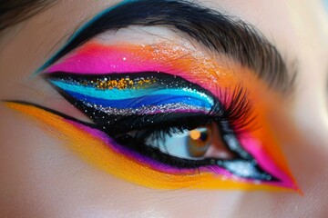 Close up of vibrant and artistic eye makeup artistry with bold. Colorful eyeshadow and glitter. Showcasing the creativity and detailed design in the cosmetics industry. Perfect for beauty. Fashion